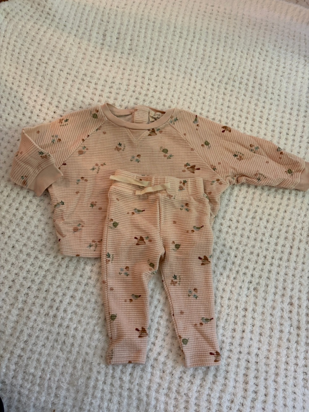 Girls' Light Pink Floral Waffle Knit Long Sleeve Top and bottom set